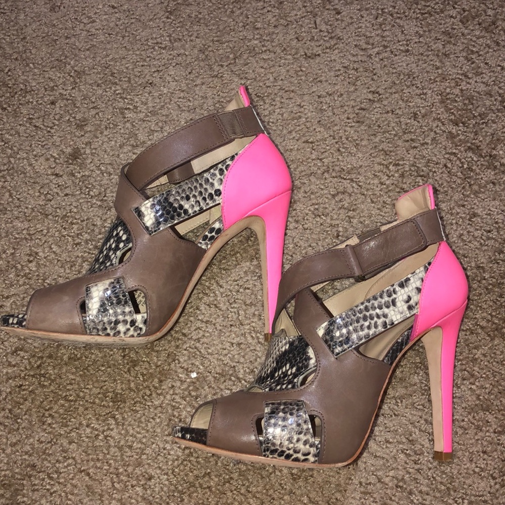 Joan & David pink, snake and brown pump.